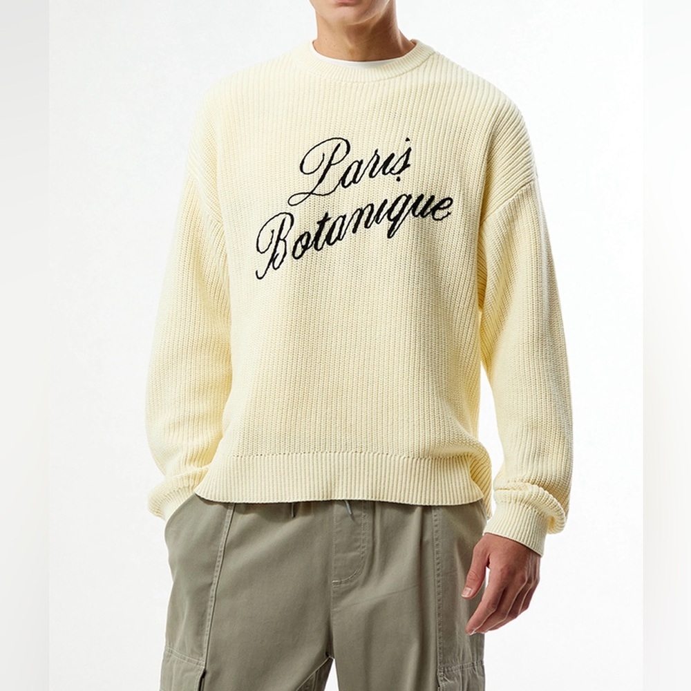 PACSUN Cream EMBROIDERED Ribbed KnitCrewneck Sweater MEN SIZE M